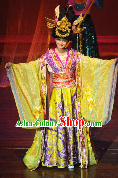 Chinese Oriental Apparel Court Queen Classical Dance Yellow Dress Stage Performance Costume and Headpiece for Women