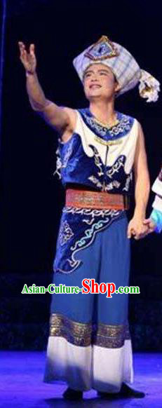 Chinese Thorn Quinoa Flowers Tujia Nationality Blue Clothing Stage Performance Dance Costume for Men