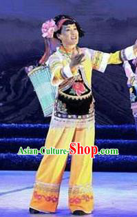 Chinese Thorn Quinoa Flowers Tujia Nationality Classical Dance Yellow Dress Stage Performance Costume and Headpiece for Women