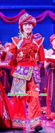 Chinese Charm Xiangxi Tujia Nationality Wedding Bridegroom Red Clothing Stage Performance Dance Costume for Men