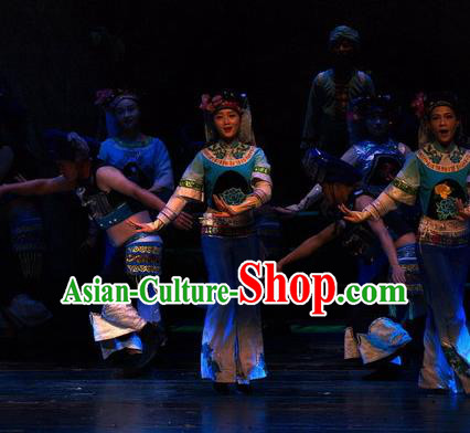 Chinese Thorn Quinoa Flowers Tujia Nationality Dance Blue Dress Stage Performance Costume and Headpiece for Women