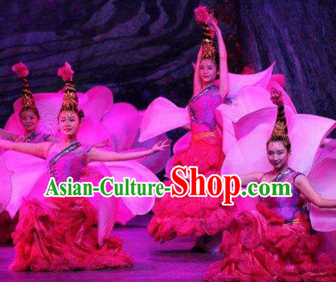 Chinese Thorn Quinoa Flowers Classical Peony Dance Pink Dress Stage Performance Costume and Headpiece for Women