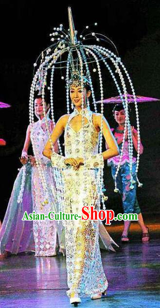 Chinese Oriental Apparel Classical Dance White Qipao Dress Stage Performance Costume and Headpiece for Women