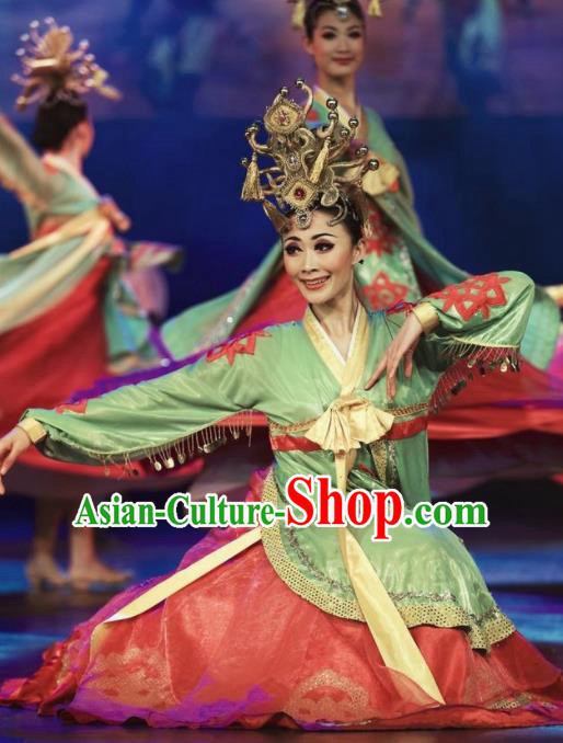 Chinese Oriental Apparel Classical Dance Dress Stage Performance Costume and Headpiece for Women