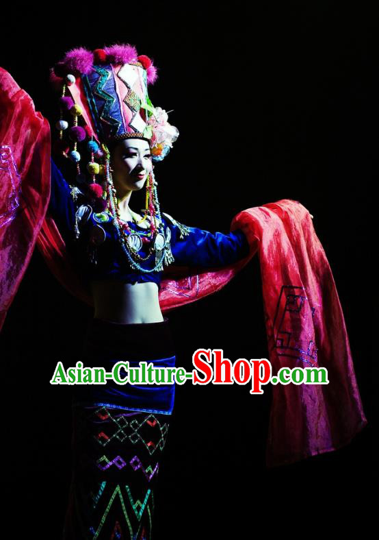 Chinese Oriental Apparel Wa Nationality Dance Dress Stage Performance Ethnic Costume and Headpiece for Women