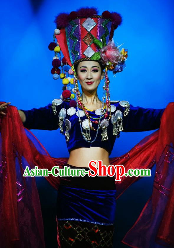 Chinese Oriental Apparel Wa Nationality Dance Dress Stage Performance Ethnic Costume and Headpiece for Women