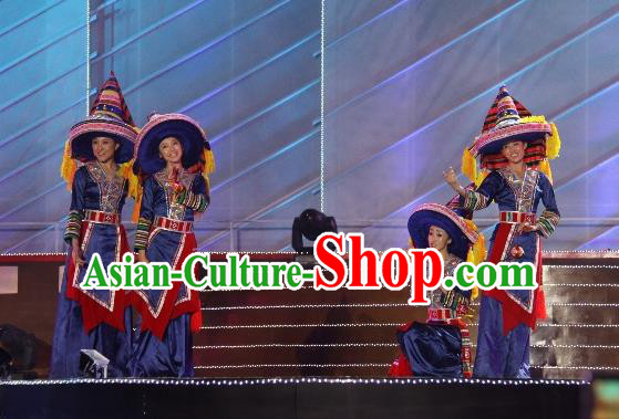 Chinese The Dream Of The Beibu Gulf Yao Nationality Dance Blue Dress Stage Performance Costume and Headpiece for Women