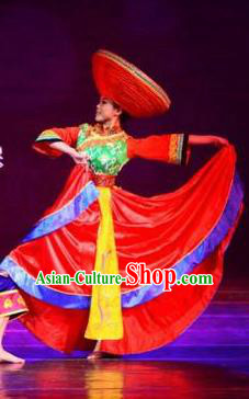 Chinese Dream Like Lijiang Zhuang Nationality Dance Wedding Red Dress Stage Performance Costume and Headpiece for Women