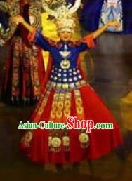 Chinese Xijiang Grand Ceremony Miao Nationality Bride Wedding Red Dress Stage Performance Costume and Headpiece for Women