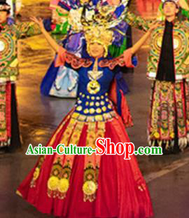 Chinese Xijiang Grand Ceremony Miao Nationality Bride Wedding Red Dress Stage Performance Costume and Headpiece for Women