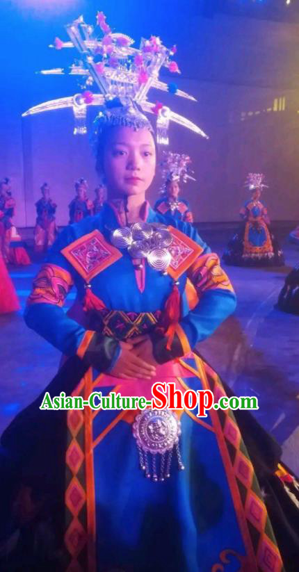 Chinese Xijiang Grand Ceremony Miao Nationality Dance Blue Dress Stage Performance Costume and Headpiece for Women