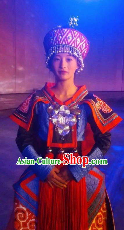 Chinese Xijiang Grand Ceremony Miao Nationality Dance Wedding Dress Stage Performance Costume and Headpiece for Women