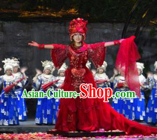 Chinese Border Town Miao Nationality Wedding Dance Red Dress Stage Performance Costume and Headpiece for Women