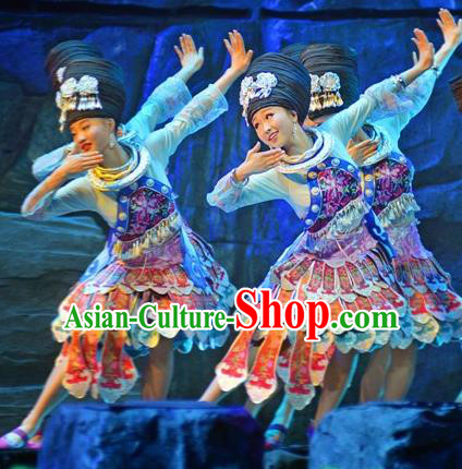 Chinese Border Town Miao Nationality Dance Dress Stage Performance Costume and Headpiece for Women