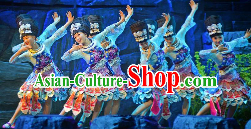 Chinese Border Town Miao Nationality Dance Dress Stage Performance Costume and Headpiece for Women