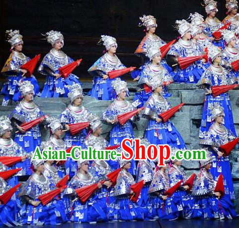 Chinese Border Town Miao Nationality Dance Wedding Blue Dress Stage Performance Costume and Headpiece for Women