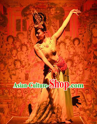 Chinese The Ancient Dunhuang Music Theatre Flying Apsaras Classical Dance Dress Stage Performance Costume and Headpiece for Women