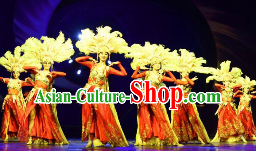 Chinese Golden Mask Dynasty Dance Red Dress Stage Performance Costume and Headpiece for Women