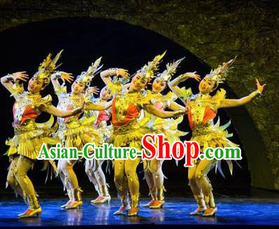 Chinese Golden Mask Dynasty Dance Short Dress Stage Performance Costume and Headpiece for Women