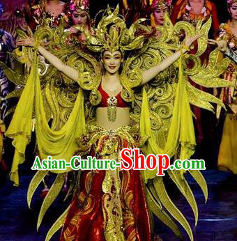 Chinese Golden Mask Dynasty Queen Dance Red Dress Stage Performance Costume and Headpiece for Women