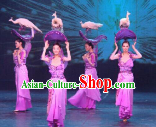 Chinese Golden Mask Dynasty Classical Dance Purple Dress Stage Performance Costume and Headpiece for Women