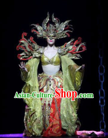 Chinese Golden Mask Dynasty Dance Queen Dress Stage Performance Costume and Headpiece for Women