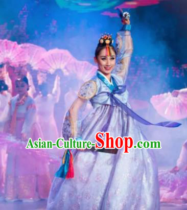 Chinese Oriental Apparel Korean Nationality Dance Blue Dress Stage Performance Costume and Headpiece for Women