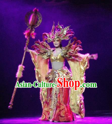 Chinese Golden Mask Dynasty Dance Queen Dress Stage Performance Costume and Headpiece for Women