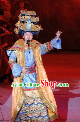 Chinese Dragon Phoenix Dance Mongol Nationality Blue Clothing Stage Performance Dance Costume for Men