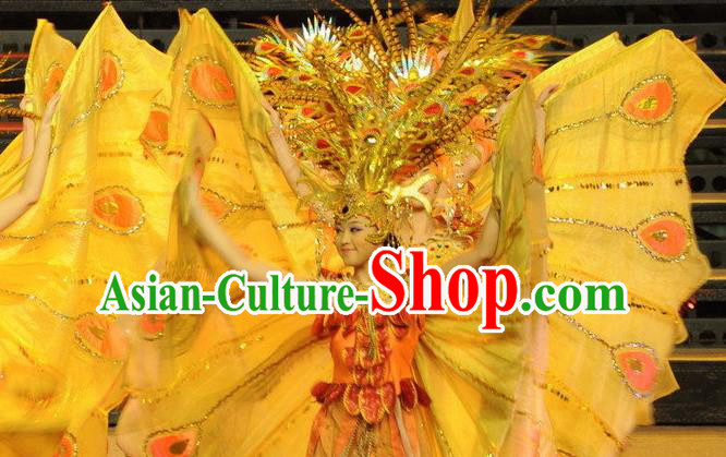 Chinese Dragon Phoenix Dance Butterfly Wing Dress Stage Performance Costume and Headpiece for Women