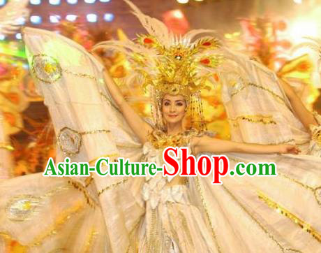 Chinese Dragon Phoenix Dance Butterfly Grey Dress Stage Performance Costume and Headpiece for Women