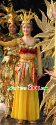 Chinese Golden Mask Dynasty Dance Yellow Dress Stage Performance Costume and Headpiece for Women