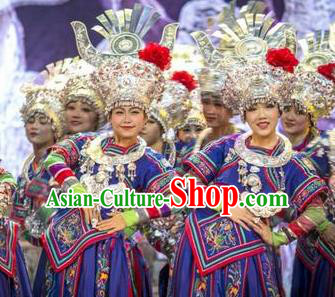 Chinese Wind Of Colorful Guizhou Miao Nationality Ethnic Dance Royalblue Dress Stage Performance Costume and Headpiece for Women