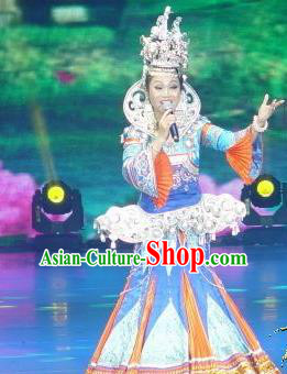 Chinese Wind Of Colorful Guizhou Dong Nationality Ethnic Dance Dress Stage Performance Costume and Headpiece for Women