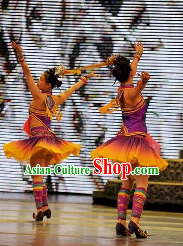 Chinese Wind Of Colorful Guizhou Dong Nationality Ethnic Dance Purple Dress Stage Performance Costume and Headpiece for Women