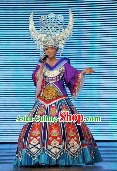 Chinese Wind Of Colorful Guizhou Miao Nationality Ethnic Dance Purple Dress Stage Performance Costume and Headpiece for Women