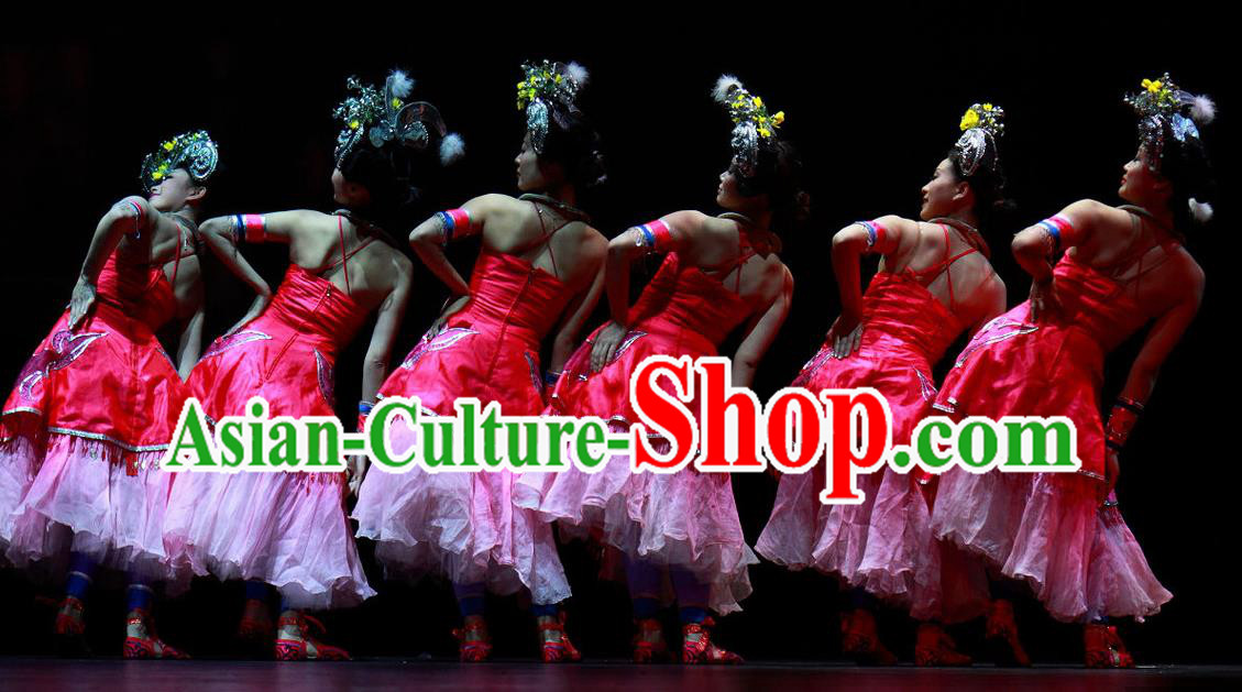 Chinese Wind Of Colorful Guizhou Yi Nationality Ethnic Dance Pink Dress Stage Performance Costume and Headpiece for Women