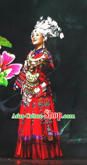 Chinese Wind Of Colorful Guizhou Miao Nationality Ethnic Dance Red Dress Stage Performance Costume and Headpiece for Women