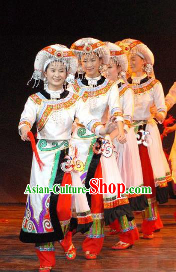 Chinese Wind Of Colorful Guizhou Yao Nationality Ethnic Dance White Dress Stage Performance Costume and Headpiece for Women