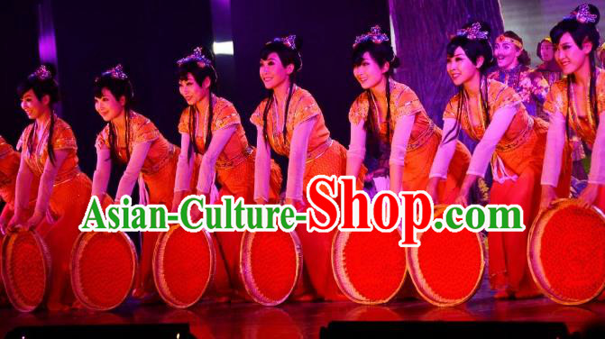 Chinese The Moon Rising On The Helan Mountain Hui Nationality Ethnic Dance Dress Stage Performance Costume and Headpiece for Women