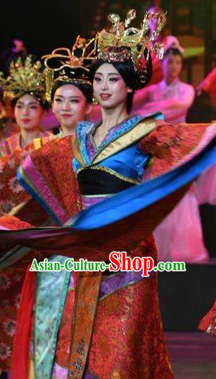 Chinese Han Wind Float In The Sky Han Dynasty Queen Classical Dance Red Dress Stage Performance Costume and Headpiece for Women