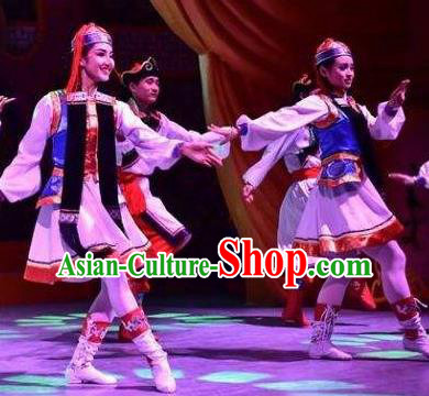 Chinese Saihan Tara Mongol Nationality Dance White Dress Stage Performance Costume and Headpiece for Women