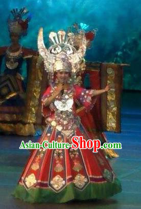 Chinese Wind Of Colorful Guizhou Miao Nationality Dance Red Dress Stage Performance Costume and Headpiece for Women