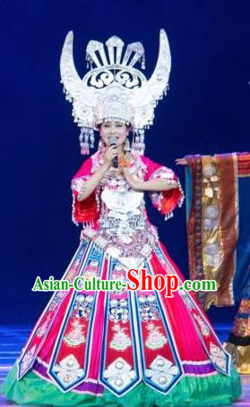 Chinese Wind Of Colorful Guizhou Miao Nationality Dance Red Dress Stage Performance Costume and Headpiece for Women