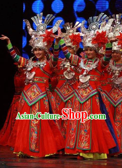 Chinese Wind Of Colorful Guizhou Miao Nationality Ethnic Dance Red Dress Stage Performance Costume and Headpiece for Women