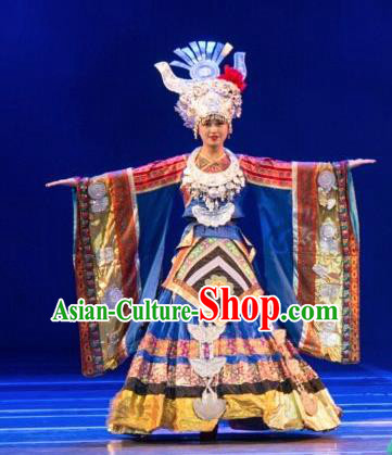 Chinese Wind Of Colorful Guizhou Miao Nationality Ethnic Dance Blue Dress Stage Performance Costume and Headpiece for Women