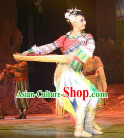 Chinese The Moon Rising On The Helan Mountain Hui Nationality Dance Dress Stage Performance Costume and Headpiece for Women
