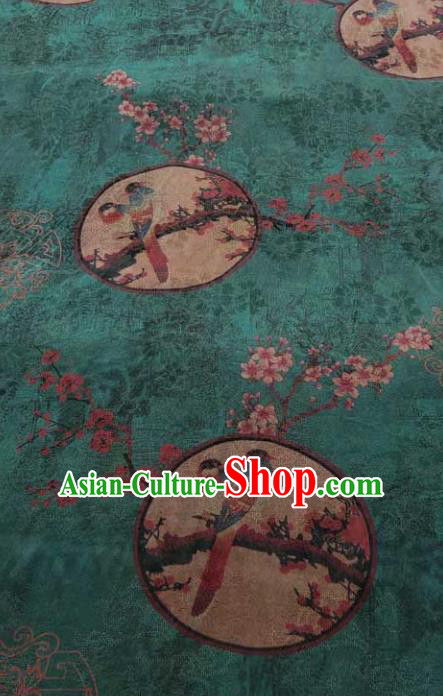 Traditional Chinese Classical Plum Pattern Green Gambiered Guangdong Gauze Silk Fabric Ancient Hanfu Dress Silk Cloth