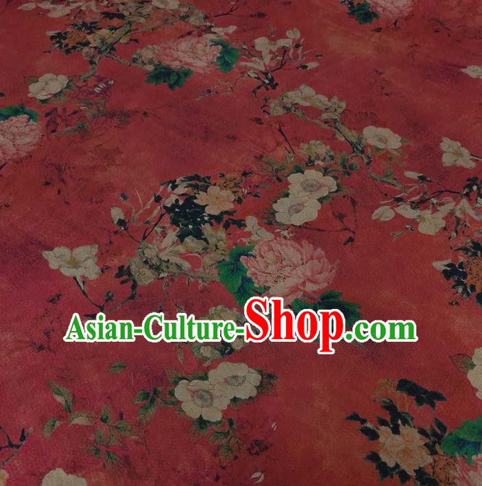 Traditional Chinese Classical Peony Plum Pattern Dark Red Gambiered Guangdong Gauze Silk Fabric Ancient Hanfu Dress Silk Cloth