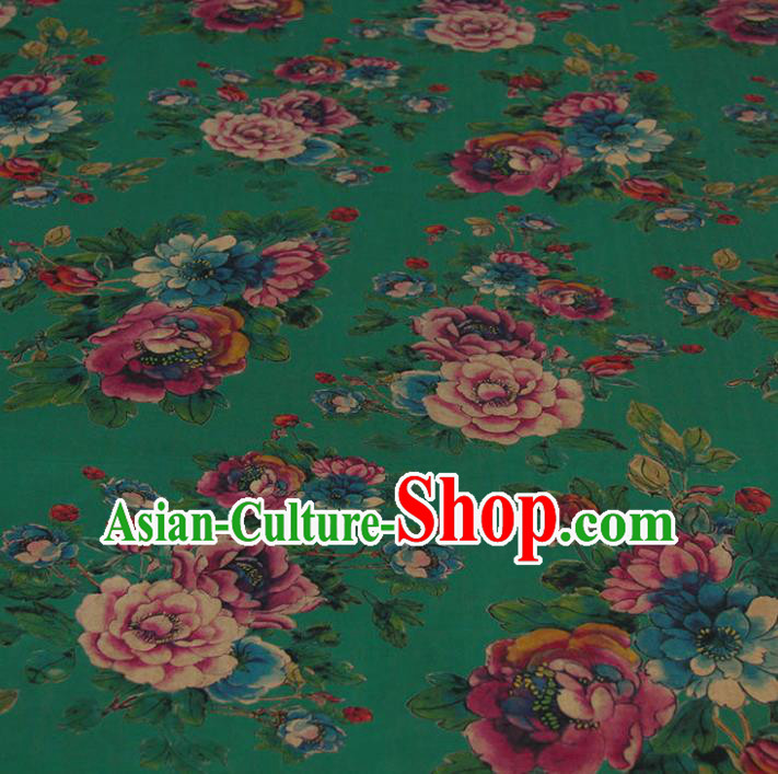 Traditional Chinese Classical Peony Pattern Deep Green Gambiered Guangdong Gauze Silk Fabric Ancient Hanfu Dress Silk Cloth